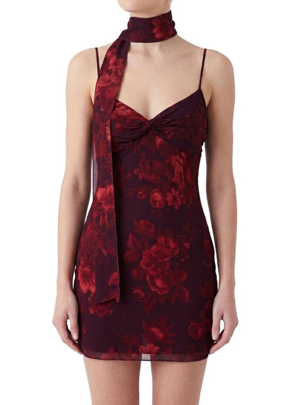 Reformation Iryna Mini Dress Sanguine Burgundy Floral with Scarf 0